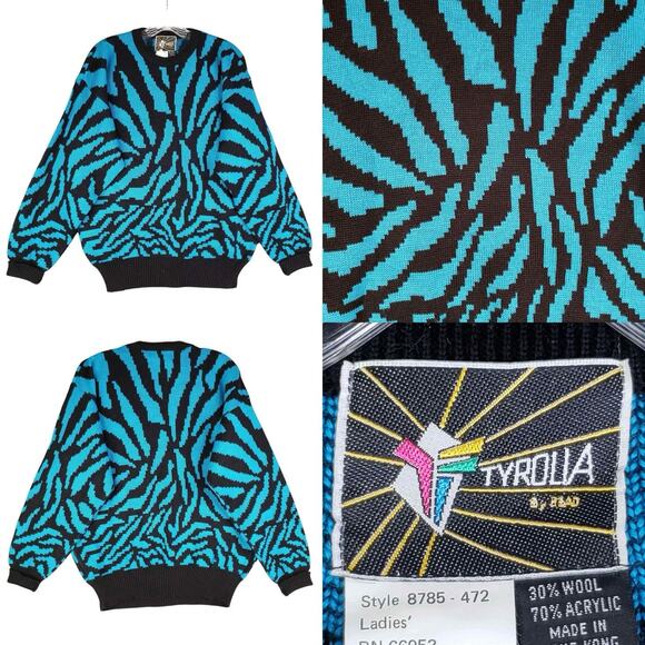 Vintage Tyrolia by Head Sweater Men’s Blue Neon Wool Ski Size ? Geometric - Picture 1 of 9